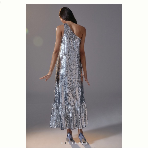 New Maeve One Shoulder Silver Sequin Dress - Picture 3 of 8